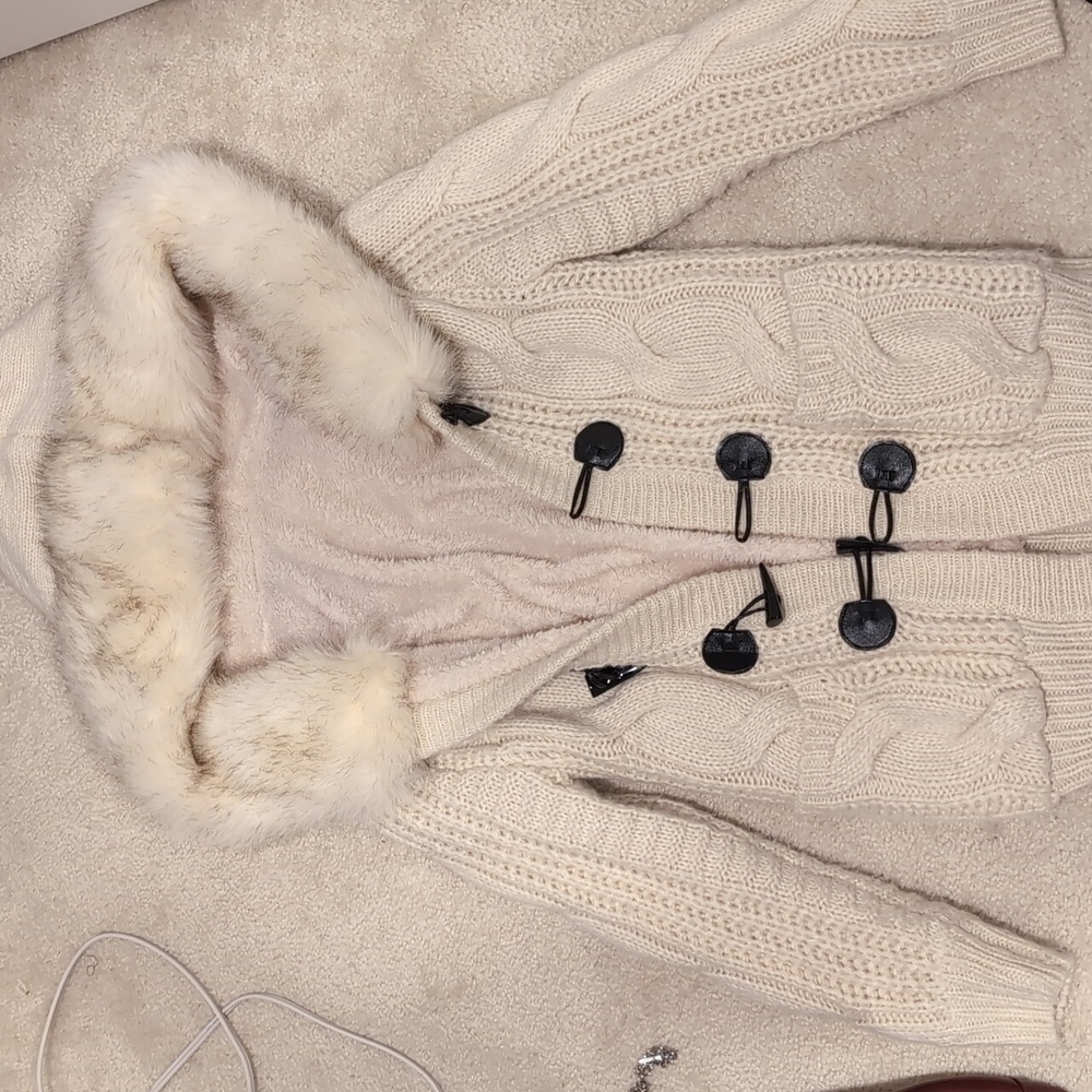 Gyaru Oversized Cable Knit Faux Fur Hooded Cardigan
